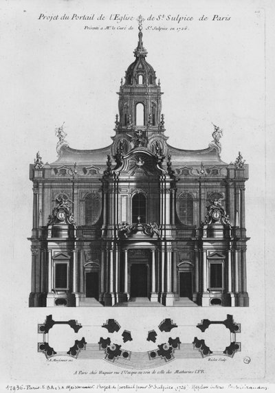 Project for the church of Saint-Sulpice, elevation of the facade, Paris, engraved by Riolet by Justin Aurele Meissonier